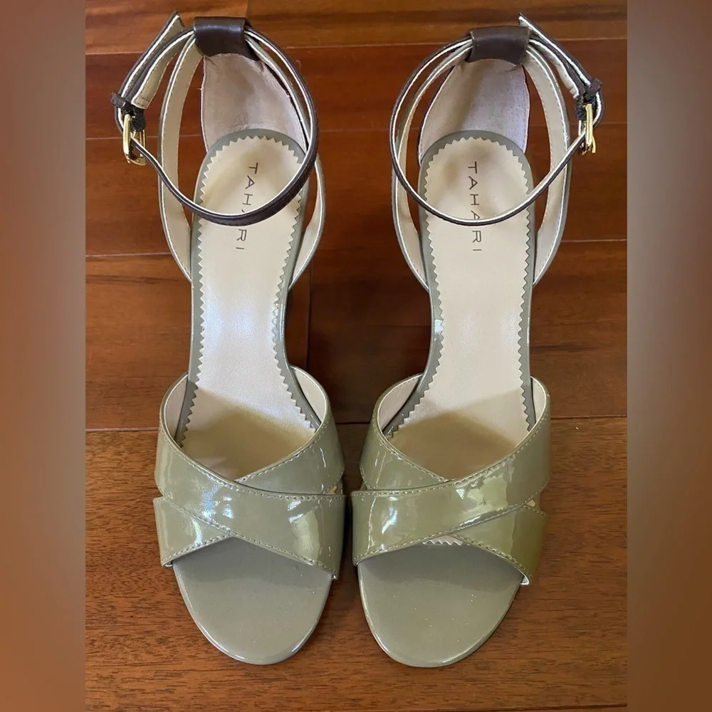 Tahari Gianna taupe and brown patent leather open toe wedge sandals